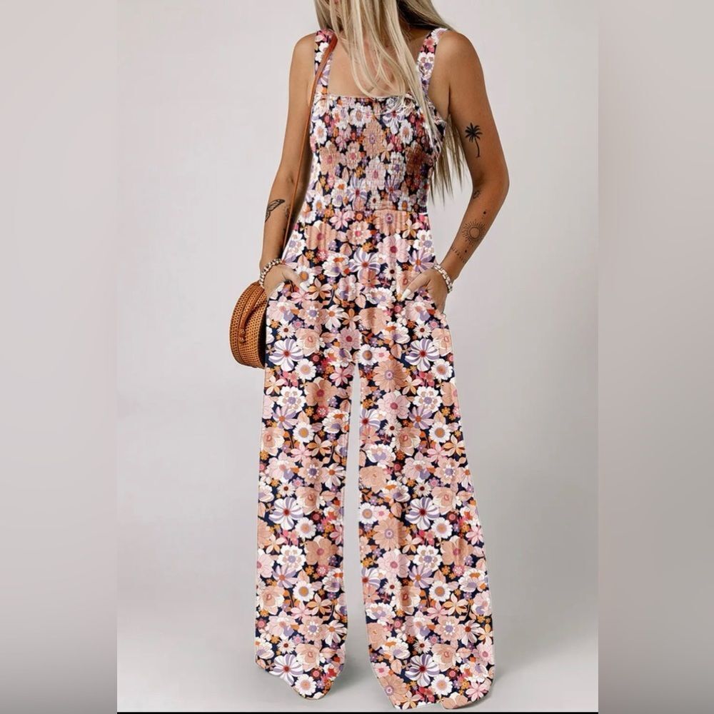 Floral Wide-Leg Jumpsuit in Peach & Navy
